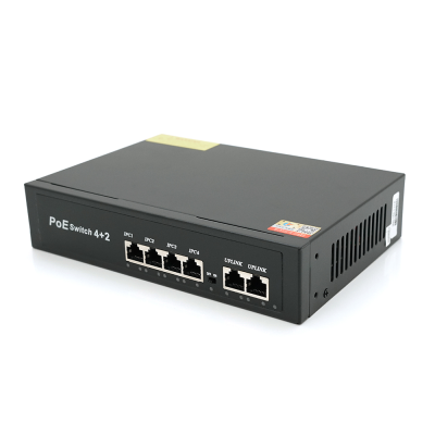 Комутатор POE 48V з 4 портами POE 100Мбіт + 2 порт Ethernet (UP-Link) 100Мбіт, корпус - метал, Black, БП вбудований, Q20