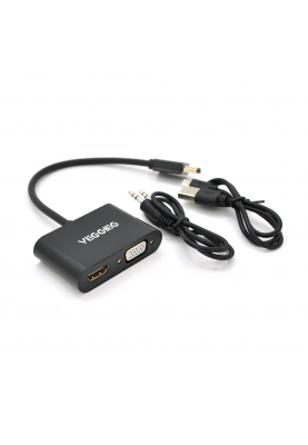 Конвертер VEGGIEG H-V1B HDMI (тато) на VGA (мама) + HDMI (мама), 25cm, Black, Пакет