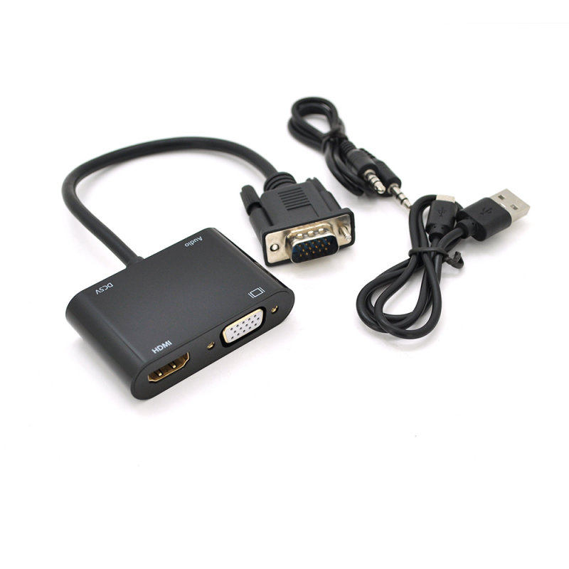 Конвертер VEGGIEG V2-H VGA (тато) на VGA (мама) + HDMI (мама), 25cm, Black, Пакет