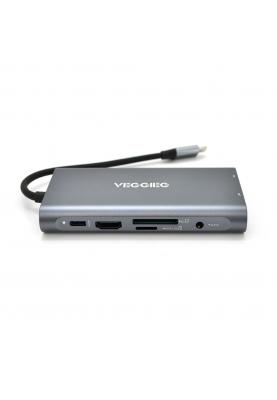 Хаб-конвертор VEGGIEG TC10-U Type-C (тато) на Type-C (мама) + USB3.0 * 3 (мама) + HDMI (мама) + VGA (мама) + SD / TF + RJ45, 10 см, Silver, Box