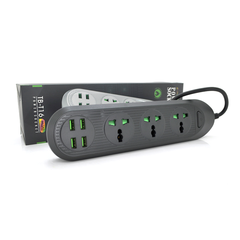 Мережевий фільтр ТВ-Т16mini, 3 розетки + 4 USB, 2 м, перетин 3х0,75мм, 3000W, Black, Box