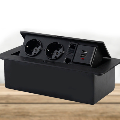 Розетка для підлоги висувна із заземленням J29L, дві розетки + 2 * USB + 2* RJ45, Input: AC 100-250V 16A, Black