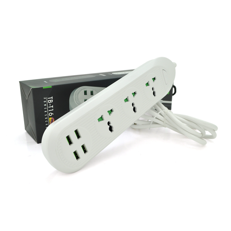 Мережевий фільтр ТВ-Т16mini, 3 розетки + 4 USB, 2 м, перетин 3х0, 75мм, 3000W, White, Box