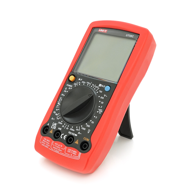 Мультиметр UNI-T UT58C Вимірювання: V (AC/DC), A (AC/DC), Ω, C, °C/°F. Функції: Data Hold, продзвонювання, тест діодів/транзисторів.