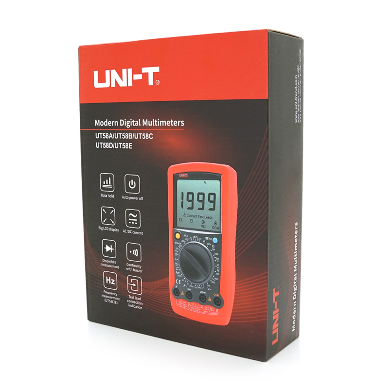 Мультиметр UNI-T UT58D Вимірювання: V (AC/DC), A (AC/DC), Ω, C, L. Функції: Data Hold, продзвонювання, тест діодів/транзисторів.