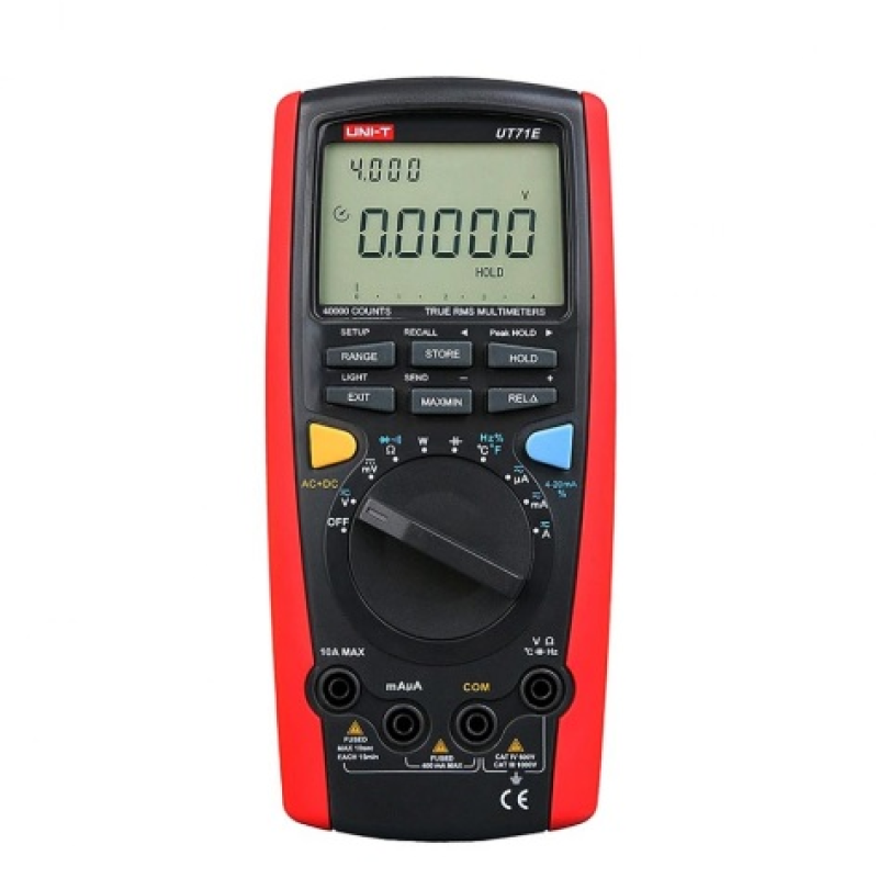 Мультиметр UNI-T UT71E Вимірювання: V, A), Ω, F, Hz, °C/°F, DUTY, 4-20мА, W (True RMS). Функції: Data Hold, Peak Hold, Min/Max, REL, продзвонювання