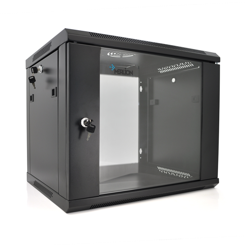 Шафа  Merlion 9U, 600*600*500 (Ш*Г*В)мм  загартоване скло, чорна. сталь 1,2мм з замком