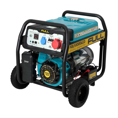 Генератор бензиновий FULL FGL10000LE3, 3-фазний 380/220V, 50Hz, 10kVA/8kW, бак 28 л, витрата 3 л/год, пуск: ручний/стартер (без АКБ), 720x530x610 мм, 87 кг
