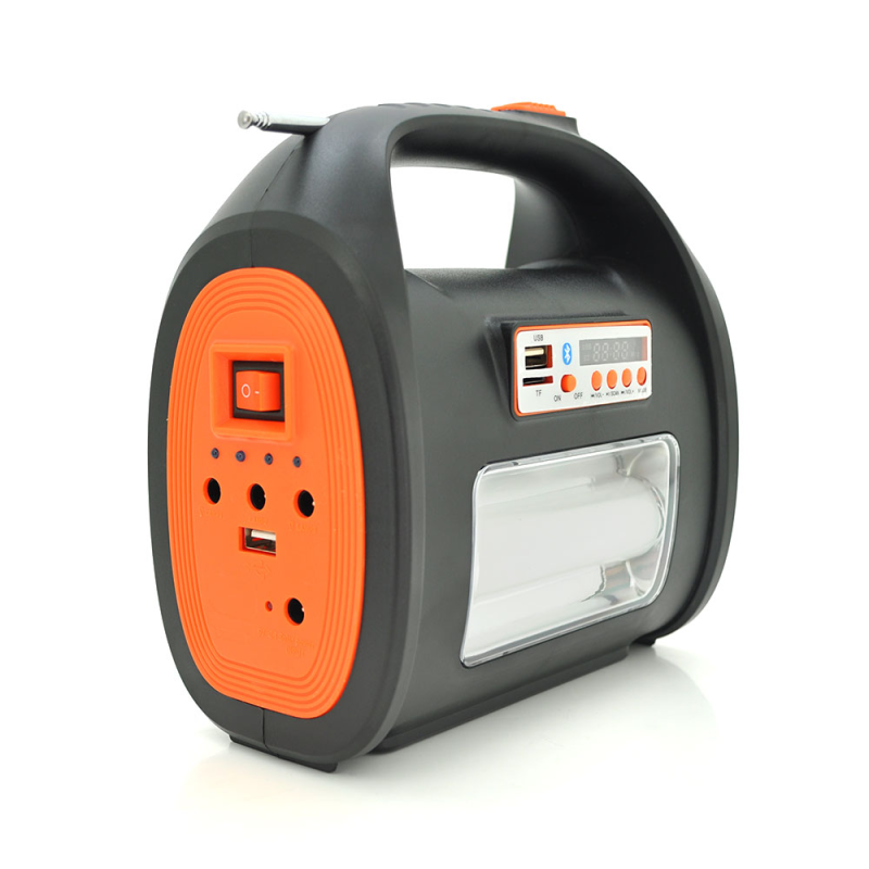 Переносний ліхтар RT909BT+Solar, 1+1 режим, Радіо+ Bluetooth колонка, вбудований аккум, 3 лампочки 3W, USB вихід, Black/Orange