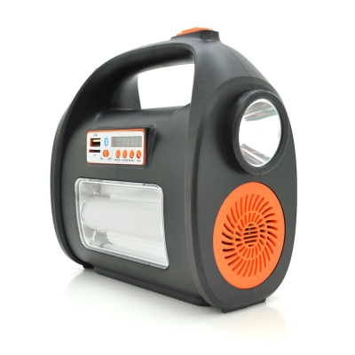 Переносний ліхтар RT909BT+Solar, 1+1 режим, Радіо+ Bluetooth колонка, вбудований аккум, 3 лампочки 3W, USB вихід, Black/Orange