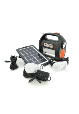 Переносний ліхтар RT909BT+Solar, 1+1 режим, Радіо+ Bluetooth колонка, вбудований аккум, 3 лампочки 3W, USB вихід, Black/Orange