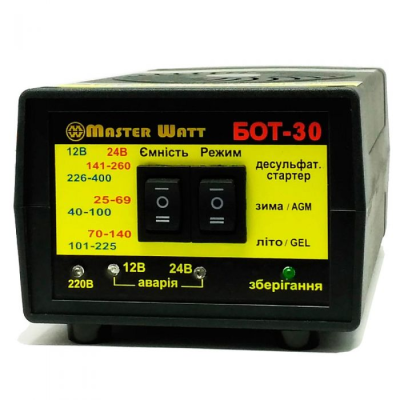 Десульфатирующее ЗУ БОТ-30 для акумулятора 12/24V (25-400Ah) (MF, WET, AGM, GEL, CA/CA), 160-245V, Струм заряду 20А, з функцією пуску