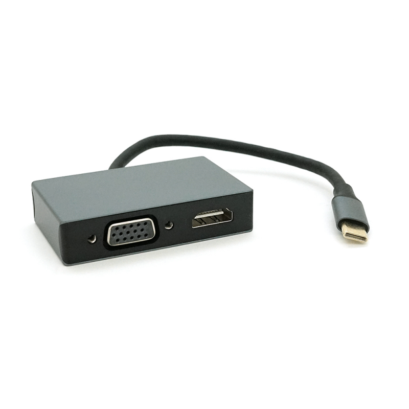 Хаб Type-C(папа) алюмінієвий, HDMI(мама)+VGA(мама), 23cm, Silver