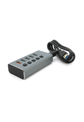 Хаб USB 3.0, 4 порти USB 3.0 + 1 порт QC3.0, з перемикачами на кожен порт, DC5V3A, Black, BOX