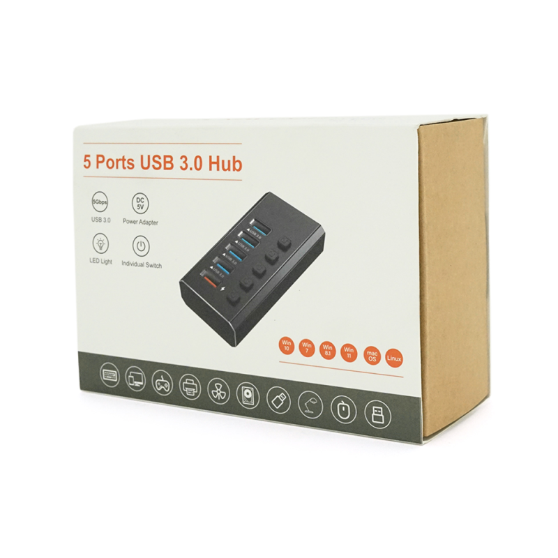 Хаб USB 3.0, 4 порти USB 3.0 + 1 порт QC3.0, з перемикачами на кожен порт, DC5V3A, Black, BOX