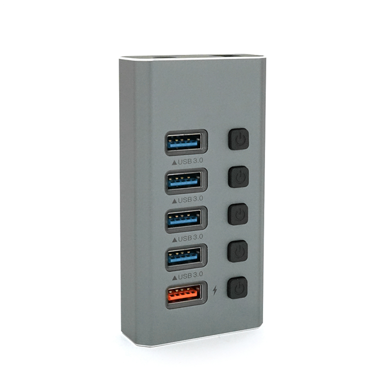 Хаб USB 3.0, 4 порти USB 3.0 + 1 порт QC3.0, з перемикачами на кожен порт, DC5V3A, Black, BOX