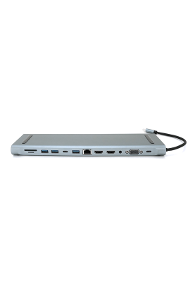 Хаб-конвертор 12 в 1 Type-C (тато) на Type-C(мама)+2*USB2.0(мама)+USB3.0(мама)+2*HDMI(мама)+VGA(мама)+SD/TF+RJ45+ jack3.5 (мама)+PD, 10cm, Silver, Box