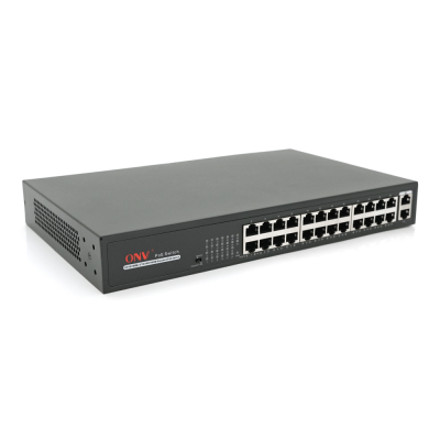 24х портовий PoE комутатор ONV-H1024PLS 24 порти РоЕ 100 Мбіт + 2 Uplink 1000 Мбіт, до 250м, IEEE802.3af/at, загальна потужність 200Вт