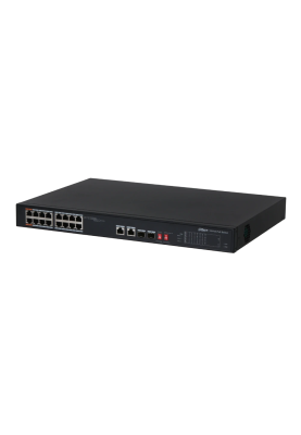 16-портовий POE комутатор Dahua DH-PFS3218-16ET-135, 16xPoE(100M) + 2xRJ45(1000M) + 2xSFP(1000M)