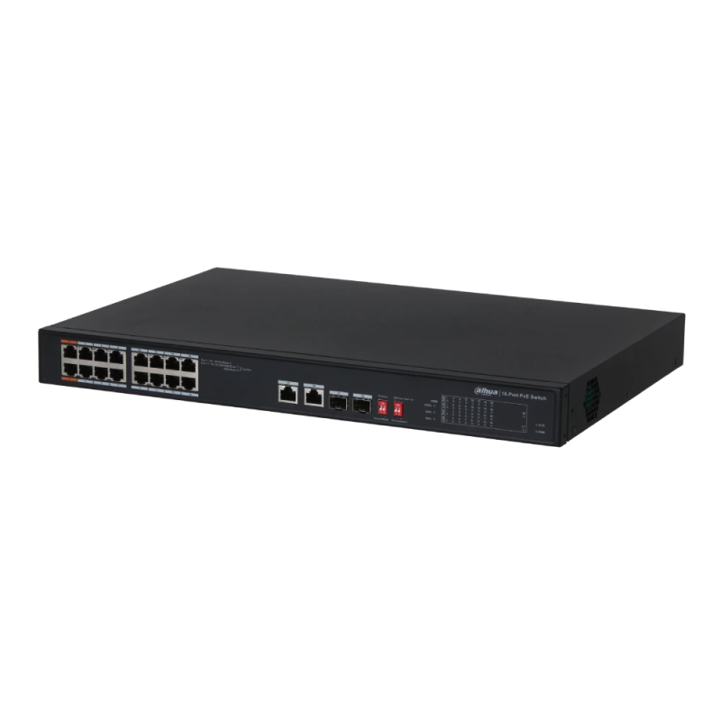 16-портовий POE комутатор Dahua DH-PFS3218-16ET-135, 16xPoE(100M) + 2xRJ45(1000M) + 2xSFP(1000M)