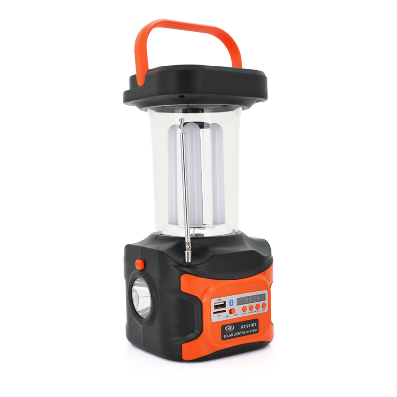Переносний ліхтар RT911BT+Solar, 1+1 режим, Радіо+ Bluetooth колонка, вбудований акум, 3 лампочки 3W, USB вихід, Black/Orange