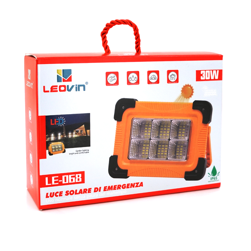 Переносний ліхтар-прожектор Leovin LE-068+Solar (30W), 36 LED(SMD), 4 режими, вбудований акумулятор, заряд від 5V, USB вихід, Box
