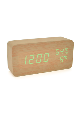 Електронний годинник VST-862S Wooden (Green), з датчиком температури та вологості, будильник, живлення від кабелю USB, Green Light