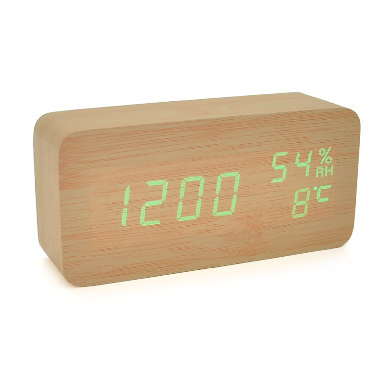 Електронний годинник VST-862S Wooden (Green), з датчиком температури та вологості, будильник, живлення від кабелю USB, Green Light