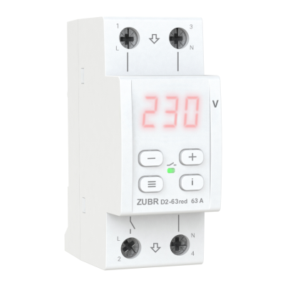 Захисне реле напруги однофазне D2-63 на DIN-рейку, 63А, 13900ВА, 120-280В, двомодульне з індикатором напруги (Червоний)