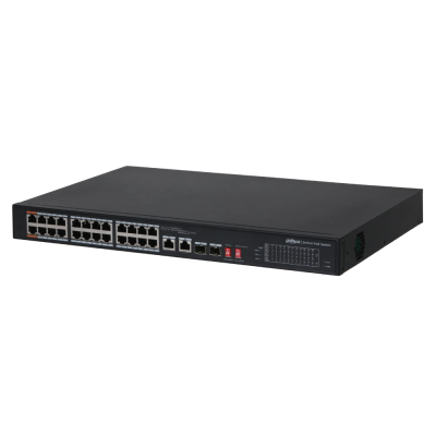 Некерований комутатор POE DH-PFS3226-24ET-240, 24 порти POE 100Мбіт + 2 порти UP-Link 1000Мбіт + 2 порти SFP, корпус - метал, Black