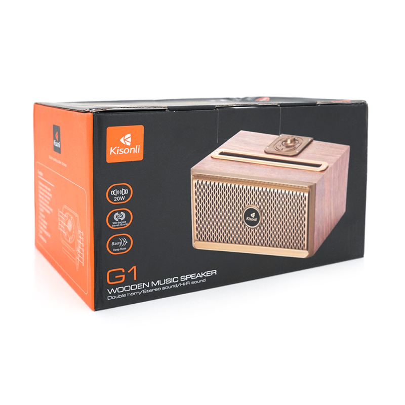 Колонка Kisonli G1 Bluetooth 5.0, 2х10W, 1500mAh, USB/TF/BT/FM/AUX, DC: 5V, Dark wood (Brown), BOX, Q24