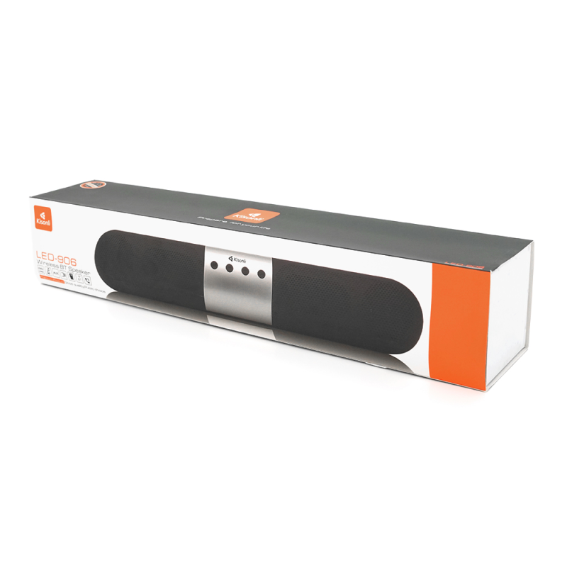 Колонка Kisonli LED-906 Bluetooth 5.0, 2х5W, 1800mAh, USB/TF/BT/FM/AUX, DC: 5V/1A, Black+Silver, BOX, Q40