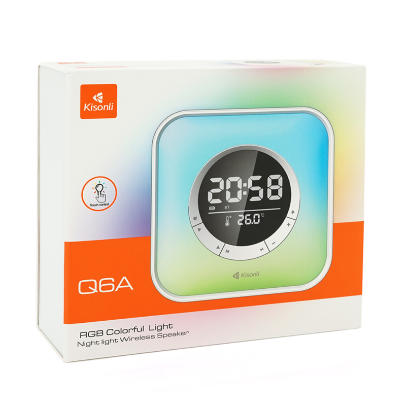 Колонка Kisonli Q6A Bluetooth 5.0, 1х5W, 3600mAh, USB/TF/FM/BT/LED/Clock/RGB Light, DC: 5V/1A, BOX, Silver, Q30