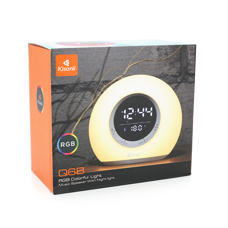 Колонка Kisonli Q6B Bluetooth 5.0, 1х5W, 3600mAh, USB/TF/FM/BT/LED/Clock/RGB Light, DC: 5V/1A, BOX, Silver, Q30