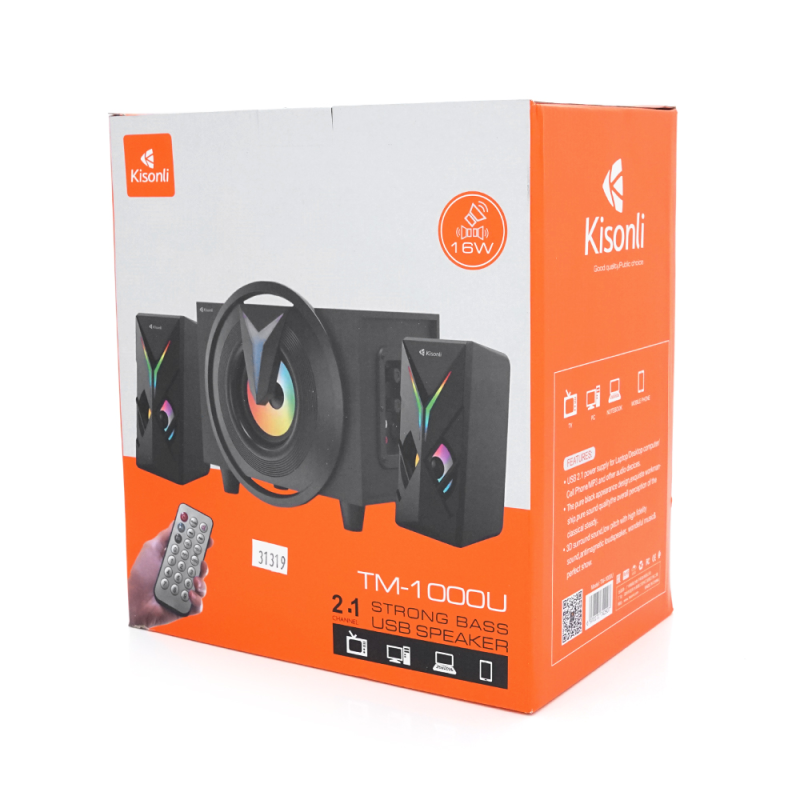 Колонки Kisonli TM-1000U, 5W+2x3W, USB/TF/BT/FM/AUX/LED light, із сабвуфером, DC: 5V, Black, BOX, Q8