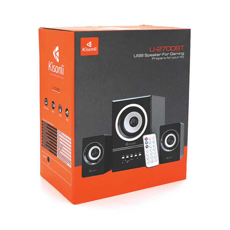 Колонки Kisonli U-2700BT, 5W+2x3W, USB/TF/BT/FM/AUX, с сабвуфером, DC: 5V, Black, BOX, Q16