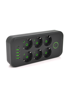 Мережевий фільтр F06U, 6 розеток EU + 4 USB+1PD, кнопка включення з індикатором, 2 м, 3х0, 75мм, 2500W, Black, Box