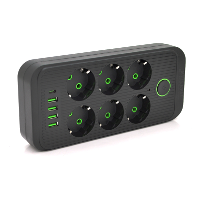 Мережевий фільтр F06U, 6 розеток EU + 4 USB+1PD, кнопка включення з індикатором, 2 м, 3х0, 75мм, 2500W, Black, Box