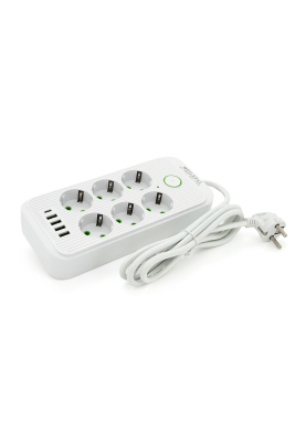 Сетевой фильтр F06U, 6 розеток EU + 4 USB + 1PD, кнопка включения с индикатором, 2 м, 3х0,75мм, 2500W, White, Box