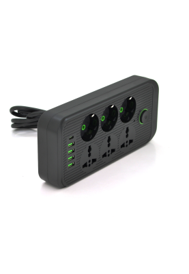 Мережевий фільтр F07U, 6 розеток (3 EU+3 Universal) + 4 USB + 1PD, кнопка включення з індикатором, 2 м, 3х0,75 мм, 2500W, Black, Box