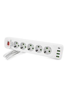 Мережевий фільтр F25U, 5 розеток EU+3 USB+PD, кнопка включення з індикатором, 2 м, 3х0,75мм, 2500W, White, Box