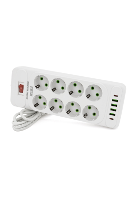 Мережевий фільтр F34U, 8 розеток EU + 4 USB + 2 PD, кнопка включення з індикатором, 2 м, 3х0,75 мм, 2500W, White, Box