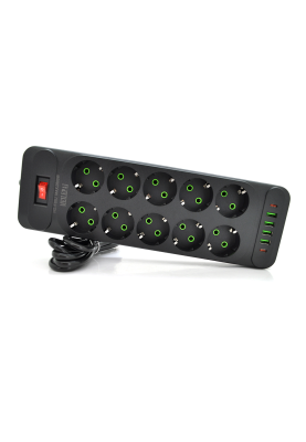 Мережевий фільтр F35U, 10 розеток EU + 4 USB + 2 PD, кнопка включення з індикатором, 2 м, 3х0,75 мм, 2500W, Black, Box
