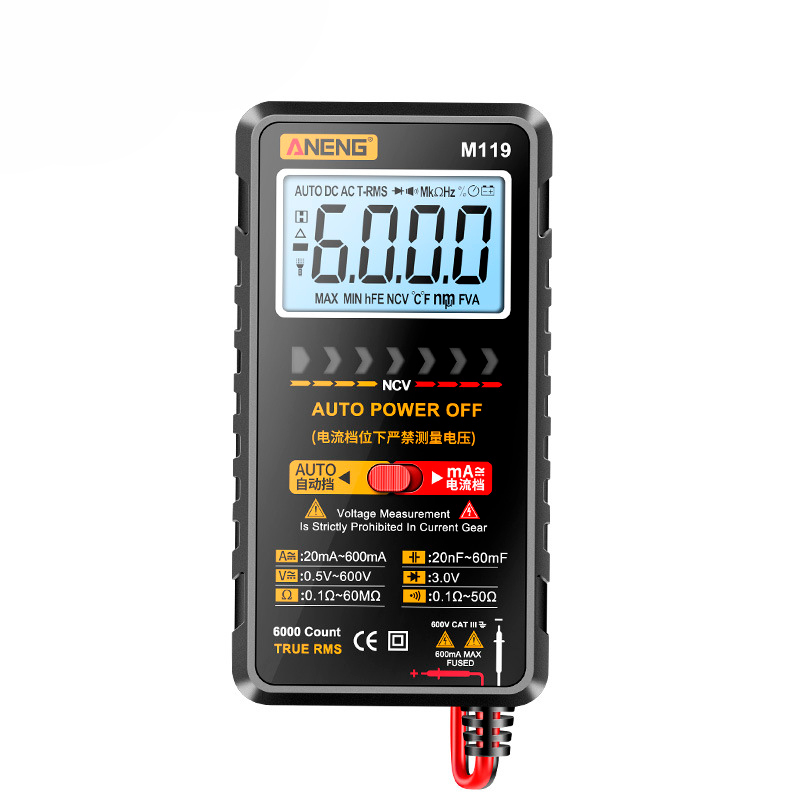Мультиметр ANENG M119, вимірювання: V, A, R, C, T, F, функція hFE