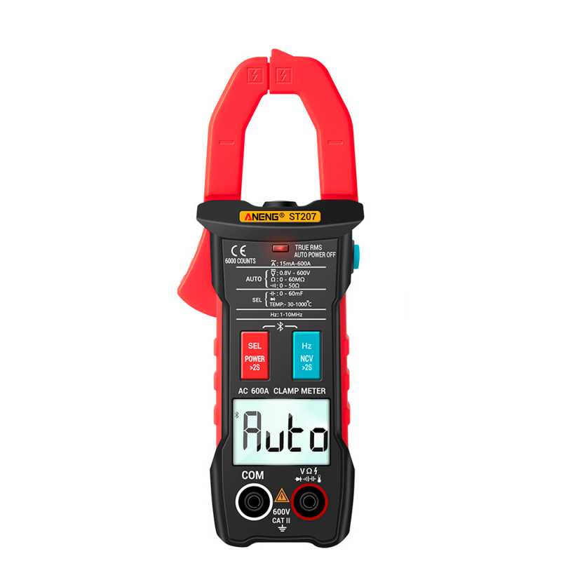 Токові кліщі ANENG ST207. Вимірювання: V (AC/DC), A (AC), Ω, C, Hz, °C (NCV, True RMS). Функції: Bluetooth, Data Hold, продзвон, ліхтарик, підсвічування.