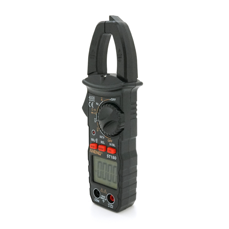 Токові кліщі ANENG ST180 з функцією мультиметра. Вимірювання: V (AC/DC), A (AC), Ω, C, Hz. Функції: Data Hold, продзвонювання, тест діодів, автодіапазон.
