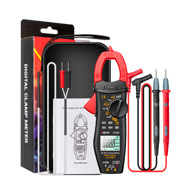 Токові кліщі ANENG ST192 Вимірювання: V (AC/DC), A (AC/DC), Ω, C, Hz, °C/°F (NCV, True RMS). Функції: Data Hold, продзвонювання, тест діодів, автовідключення