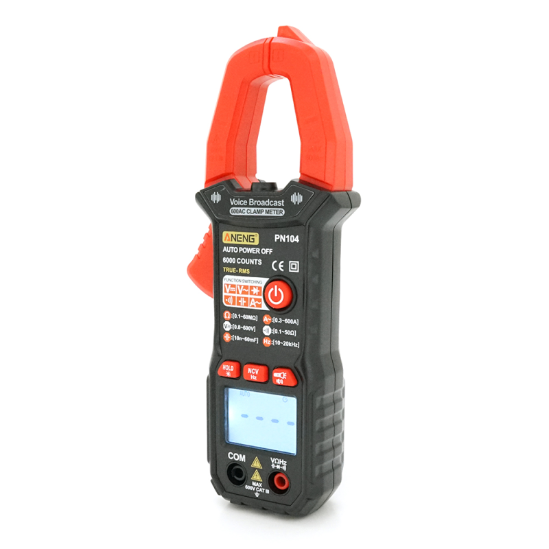 Токові кліщі ANENG PN104 Вимірювання: V (AC/DC), A (AC/DC), Ω, C, Hz (NCV, True RMS). Функції: Data Hold, продзвонювання, тест діодів, автовимкнення.