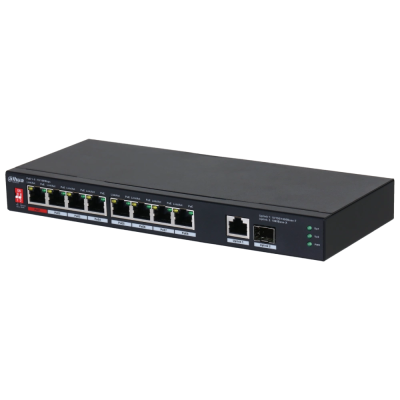 10-портовий некерований комутатор DH-PFS3110-8ET1GT1GF-96 з 8 портами POE 100Мбіт + 1 порт UP-Link 1000Мбіт + 1 порт SFP, корпус - метал, Black