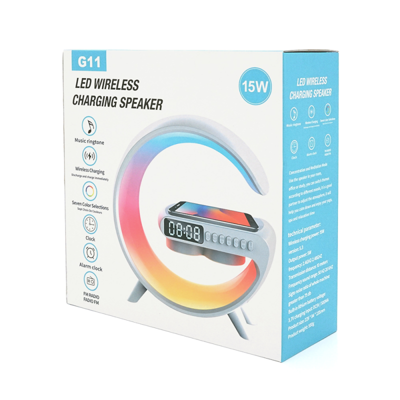 Настільна лампа-нічник G11, Bluetooth колонка, блопроводна зарядка телефону, світло RGB, Box